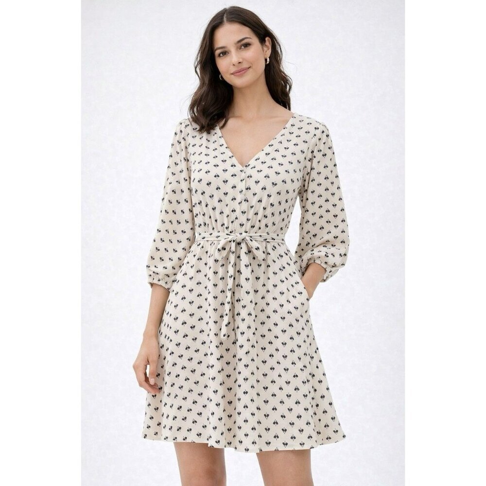 Next Cream Print Tie Waist Dress V Neck Balloon Sleeve Boho Cottagecore